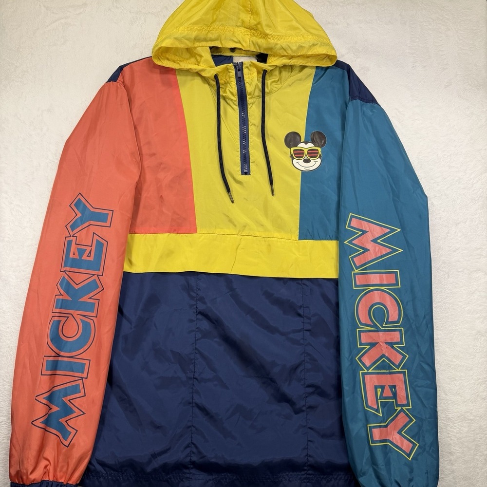 Disney Mickey Windbreaker Mens S Small Colorblock Quarter Zip Hooded Lightweight
